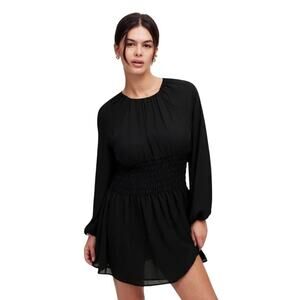 NWT Madewell Black Chiffon Smocked Mini Dress L | Lined Long Sleeve